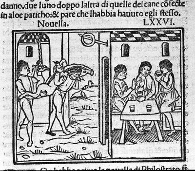 Två män bär en gris på axeln. Illustration för nyheterna 76 (ny 6 av den åttonde dagen) av "Decameron"" av Giovanni Boccaccio dit Jean Boccaccio (1313-1375), italiensk författare. Gravyr i "" Decamerone ouer Cento nouelle"" Venedig, Bartolomeo de av Italian School