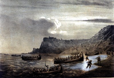 Unite of Italy: expeditionen av de tusen eller röda skjortor ledd av Giuseppe Garibaldi (1807-1882). Avgången för den första flottan av Garibaldians mot Kalabrien vid Fort Stella. Litografi från 1800-talet av Italian School