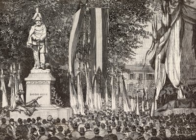 Avtäckning av monumentet till general Giacomo Medici, Milano, Italien, gravyr från teckning av Edoardo Ximenes från fotografiet Rossi, från L