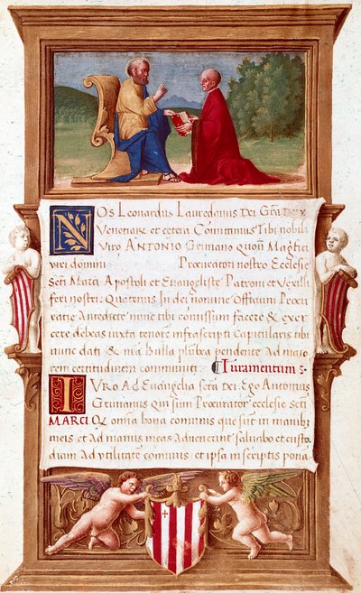 Venedig: Commission of Doge Antonio Grimani (1434-1523), Procurator of San Marco (Saint Mark) Manuskriptsida från 1500-talet. Venedig, Museo Correr av Italian School
