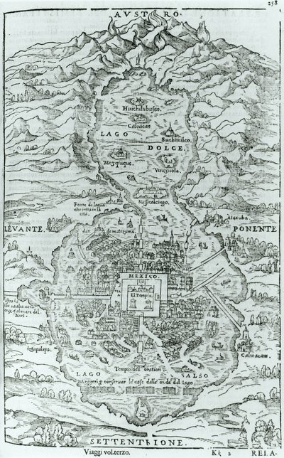 Utsikt från norr om den aztekiska staden Tenochtitlan, från Relatione della Citta del Temistitan av Giovanni Battista Ramusio (1485-1557) publicerad i Venedig 1606 av Italian School