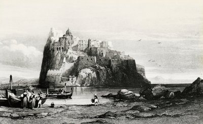 Vy över Ischia Island, gravyr, Italien av Italian School