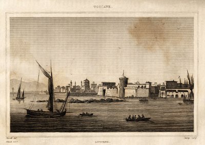 Utsikt över Livorno i Toscana. Gravyr av Storetti i "Italien pittoreska", Amable Coste redaktör, Paris av Italian School