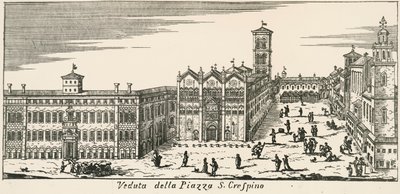 Vy över Piazza San Crispino och Ferrara katedral, gravyr, Italien av Italian School