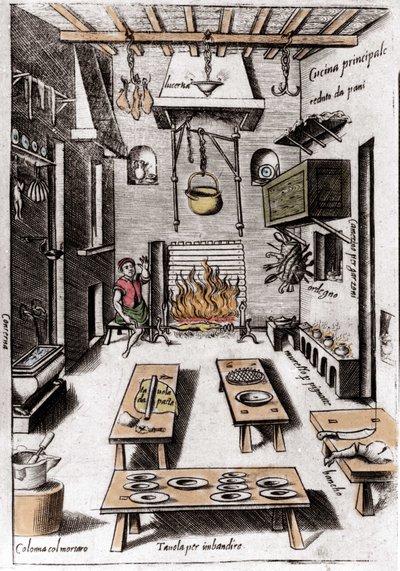 Utsikt över ett kök. Gravyr från "Opera", bok om gastronomi uppdelad i 6 delar, av Bartolomeo Scappi, personlig kock av påven Pius V. Venedig av Italian School