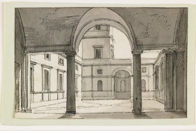 Utsikt över en italiensk pelargång och innergård, tidigt 1800-tal (penna & brunt bläck & grå tvätt över svart krita) av Italian School