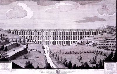 Utsikt över akvedukten som bär vatten till Palazzo di Caserta från Maddaloni (gravyr) av Italian School