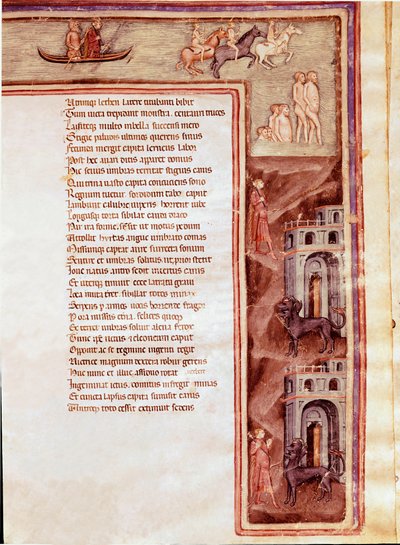Utsikt över underjorden, karaktärer och monster, illustration för Furious Hercules av Seneque (miniatyr av Italian School