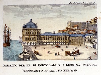 Utsikt över det kungliga palatset i Lissabon före jordbävningen 1755. av Italian School