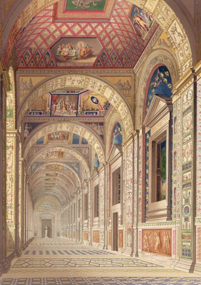 Vy över andra våningens Loggia i Vatikanen, med dekor av Raphael, från Delle Loggie di Rafaele nel Vaticano, publicerad som ett löst blad i upplagan 1814 (handfärgad gravyr) av Italian School
