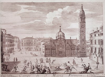 Utsikt över torget i kyrkan Santa Maria Formosa a Venedig Gravyr från "" Teatro di Venezia"" 1700-talets Venedig, Museo Correr av Italian School