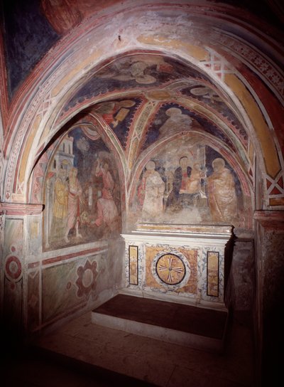 Utsikt över den övre kyrkans prestegård med altaret i kosmatesk stil av Italian School