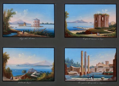 Utsikt över Phlegraean Fields: Fusarosjön, Venustemplet i Baja, Bajabukten, Serapistemplet i Pozzuoli (gouache) av Italian School