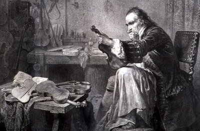Violinmakare i sin verkstad (gravyr) av Italian School