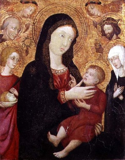 Jungfru och barn med S. Bernadino, Sigismund, Clare och Crescentius, 1400-talets andra hälft (tempera på panel) av Italian School