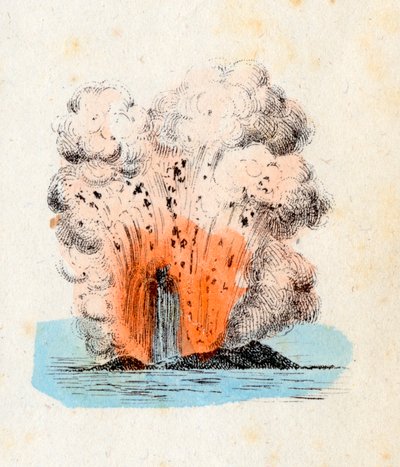 Vulkan på de Eoliska öarna i utbrott, med en hög lavaström åtföljd av explosionen av en riklig mängd gas och aska, Litografi Corbetta, Milano av Italian School