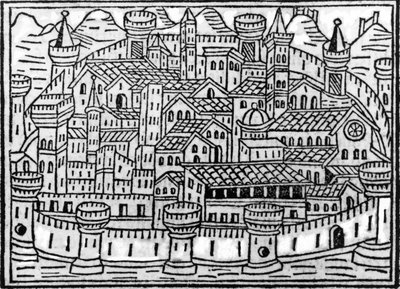 Muromgärdad stad från Supplementum Chronicarum av Giacomo Filippo Foresti, 1506 av Italian School