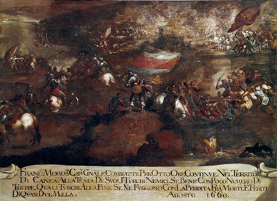 War of Candia (Kreta):: "" Slaget vid Chania ledd av Francesco Morosini (1619-1694) i augusti 1660" (Kretensiska kriget (1645-69): attacken av Canea ledd av Francesco Morosini i augusti 1660) Målning av Venetiansk skola av Italian School