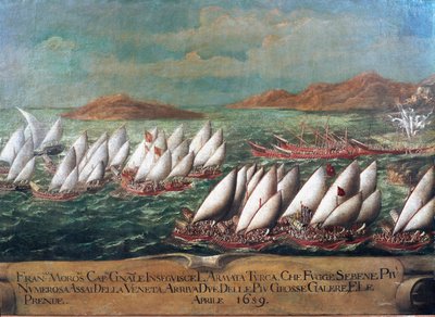 War of Candia (Kreta): den venetianska flottan under kampanjen ledd av Doge Francesco Morosini mot turkarna 1659 Målning av den venetianska skolan. 1600-talet - Venedig, Correr Museum av Italian School