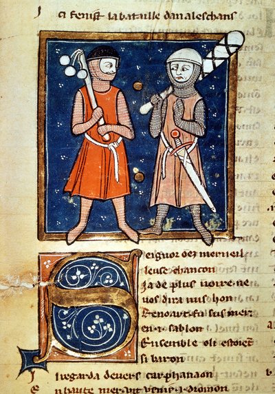 Warriors armar av klubbor - i "" The coinage of William""", manuskript från 1200-talet. biblioteca Trivulziana. Milano av Italian School