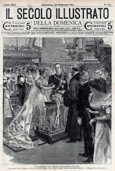 Bröllop av drottning Wilhelmina av Nederländerna och hertig Henrik av Meckleburg 1901 - Bröllop av drottning Wilhelmina av Nederländerna (1880-1962) och hertig Henrik av Meckleburg Schwerin (1876-1934) - omslag till "Il secolo illustrato" den 24 februari av Italian School