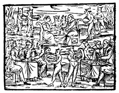 Häxor och trollkarlar festar på sabbaten, illustration från Compendium Maleficarum av Francesco Maria Guazzo, 1608 av Italian School