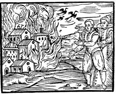 Häxor som förstör ett hus genom brand, Schwaben 1533, illustration från Compendium Maleficarum av Francesco Maria Guazzo, 1608 av Italian School