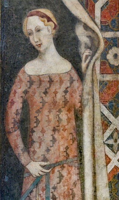 Kvinna som drar ett draperi med geometriskt mönster, början av 1400-talet (fresco) av Italian School