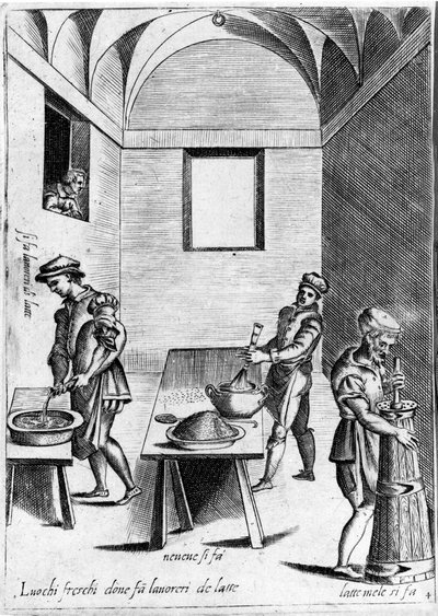 Arbetsmjölk (mejeriprodukt) på en sval plats. Gravyr från "Opera", bok om gastronomi uppdelad i 6 delar, av Bartolomeo Scappi, personlig kock av påven Pius V. Venedig av Italian School