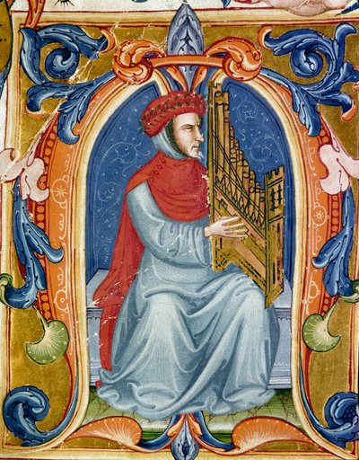 porträtt av Francesco Landini eller Landino som spelar orgel (1325 1397) italiensk kompositör, organist, sångare, poet. Miniatyr av Codex Squarcialupi från 1400-talet. Firenze, bibliotek Laurenziana, Ms. Med. Kompis. 87. av Italian School