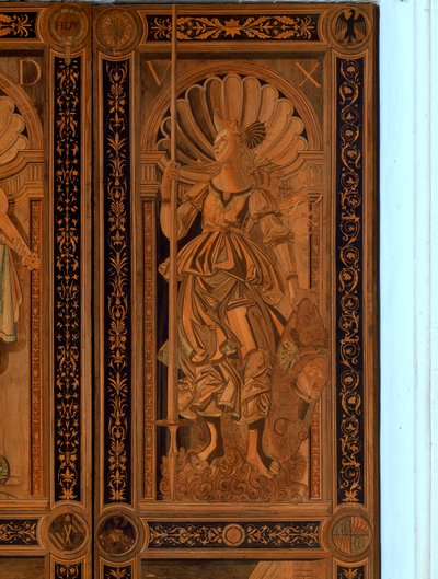 Detalj av en av dörrarna vid Sala degli Angelo, Palazzo Ducale, Urbino (trä) av Italian School Italian School