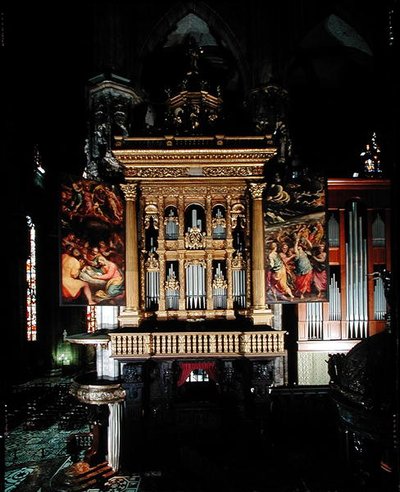 Utsikt över orgeln, (1559-1602) gjord av Giuseppe Meda (fl.1551 d.1599) Ambrogio Giovanni Figino (1548-1608) och Camillo Procaccini (1555-1629) av Italian School Italian School
