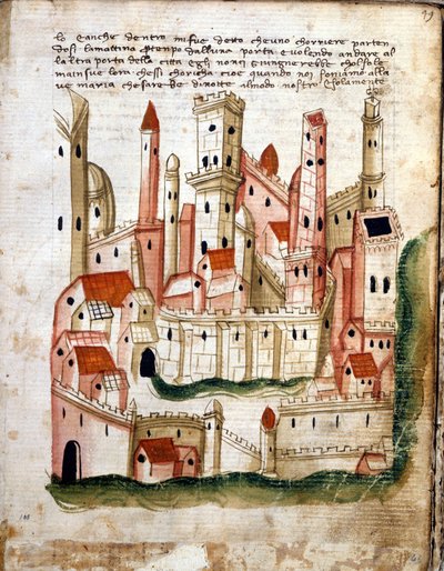 Utsikt över staden Jerusalem, från Libro dOltramare av Niccolo da Poggibonsi (penna & bläck och tempera på veläng) av Italian School Italian School