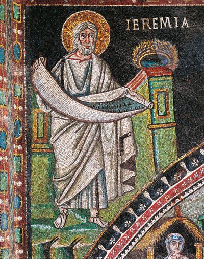 Profeten Jeremiah, mosaik, till vänster om lunetten, norra muren av prästhuset, basilikan San Vitale (UNESCO:s världsarvslista av Italian School