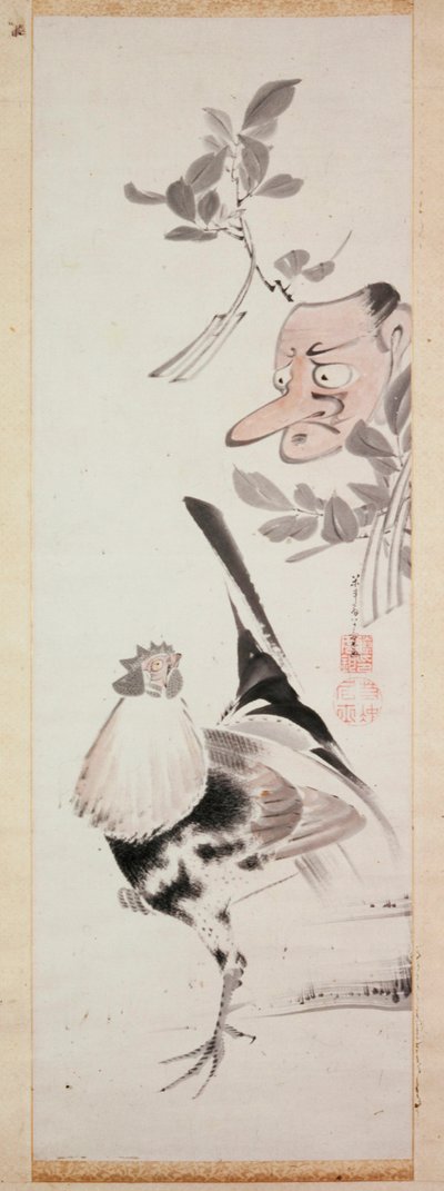 Cockerel and Tengu-Mask, c.1775 (bläck & ljus färg på papper) av Ito Jakuchu
