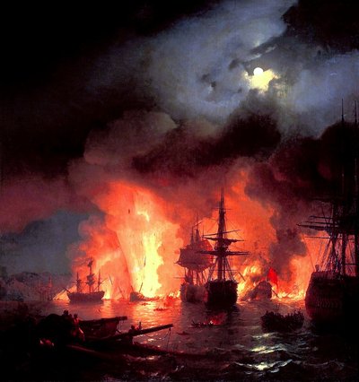 Slaget vid Çesme på natten av Ivan Aivazovsky