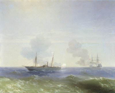 Ryska: "Ångaren Vestas kamp mot det turkiska slagskeppet Fehti-Bulend i Svarta havet den 11 juli 1877 " Ångaren Vestas kamp mot det turkiska slagskeppet Fehti-Bulend i Svarta havet den 11 juli 1877 av Ivan Aivazovsky