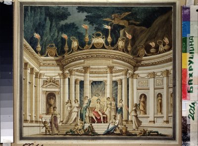 Le Triomphe des Muses. Projet du rideau pour le prologue musical av Alexander Alyabyev (1787-1851) och Alexis Verstsovsky (1799-1863). (Triumph of Muses. Gardindesign för musikprologen av A.Alyabyev och A.Verstovsky). Dekor antiquisant avec Apollon, av Ivan Alekseevich Ivanov