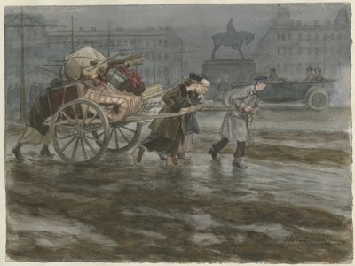 Familj flyttar sina tillhörigheter på vagn från serien av akvareller ryska revolutionen, 1917-1918 av Ivan Alexeyevich Vladimirov