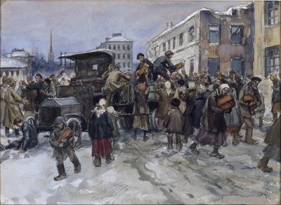 Hungriga arbetare i Petrograd rånar bröd från en militärlastbil av Vladimirov, Ivan Alexeyevich (1869-1947). Akvarell, Gouache på papper av Ivan Alexeyevich Vladimirov