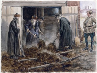 Le clerge russe pelletant le fumier - Ryska präster som skottar hö: september 1918 (från serien av akvareller ryska revolutionen) - Vladimirov, Ivan Aleksijevitj (1869-1947) - 1918 - Akvarell på papper - 25,8x34,3 - Privat samling av Ivan Alexeyevich Vladimirov