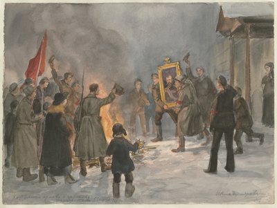 Soldater som bränner målningar från serien av akvareller ryska revolutionen, 1917 av Ivan Alexeyevich Vladimirov