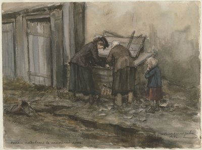 Två kvinnor och ett barn letar genom papperskorgen från serien av akvareller ryska revolutionen av Ivan Alexeyevich Vladimirov