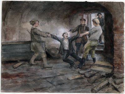Un detenu emmene pour etre execute - Man hålls och avrättas (från serien av akvareller ryska revolutionen) - Vladimirov, Ivan Aleksijevitj (1869-1947) - 1919 - Akvarell på papper - 25,7x34,5 - Privat samling av Ivan Alexeyevich Vladimirov