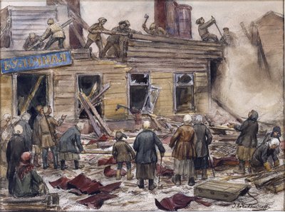 Arbetare som river trähus för bränsle av Vladimirov, Ivan Alexeyevich (1869-1947). Akvarell, Gouache på papper av Ivan Alexeyevich Vladimirov