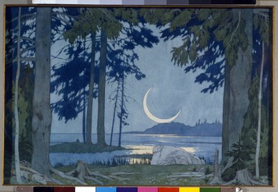 Månsken över sjön Ilmen. Utspelad för operan Sadko av Nicholas (Nikolai) Rimsky Korsakov (Rimsky-Korsakov) (1844-1908) (Natt vid sjön Ilmen. Scenografi för operan Sadko av N. Rimsky-Korsakov (Rimsky Korsakov). Verk av Ivan Yakolevich Bilibi av Ivan Yakovlevich Bilibin