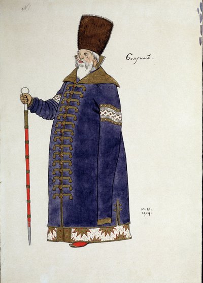 Kostymteckning för operan ""den gyllene tuppen"" av Nicholas (Nikolai) Rimsky Korsakov (Rimsky-Korsakov) (1844-1908) (Dräktdesign för operan Den gyllene tuppen av N. Rimsky-Korsakov (Rimsky). Korsakov) .Teckning av Ivan Yakolevich Bilibin (Bilibin) (1876- av Ivan Yakovlevich Bilibin