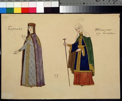 Kostymdesign för operan Den gyllene tuppen av Nicolas (Nikolai) Rimsky Korsakov (Rimsky-Korsakov) (1844-1908)) (Dräktdesign för operan Den gyllene tuppen av N. Rimsky-Korsakov (Rimsky Korsakov). Målning av Ivan Yakolevich Bilibin (Bilibin) (1876-1). av Ivan Yakovlevich Bilibin