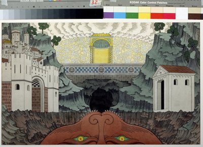 Förberedande ritning till pjäsen ""Le miracle de Theophile"" av Rutebeuf (1230-1285) (Scenografi för pjäsen Le Miracle de Theophile av Rutebeuf). Målning av Ivan Yakolevich Bilibin (Bilibin) (1876-1942). Akvarell och tusch på papper, 39,5 x 64 cm av Ivan Yakovlevich Bilibin