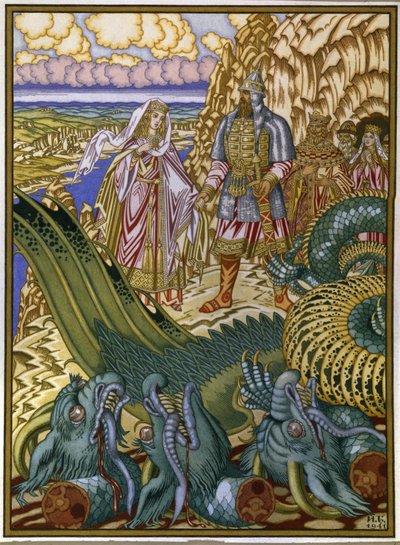 Dobrynia Nikitich räddar Zabava Putyatishna från draken Gorynych. (Dobrynya Nikitich räddar Zabava Putyatishna från Draken Gorynych). Traditionell folksaga från Kievan Rus. Verk av Ivan Yakovlevich Bilibin (Bilibin) (1876-1942), akvarell och gouac av Ivan Yakovlevich Bilibin